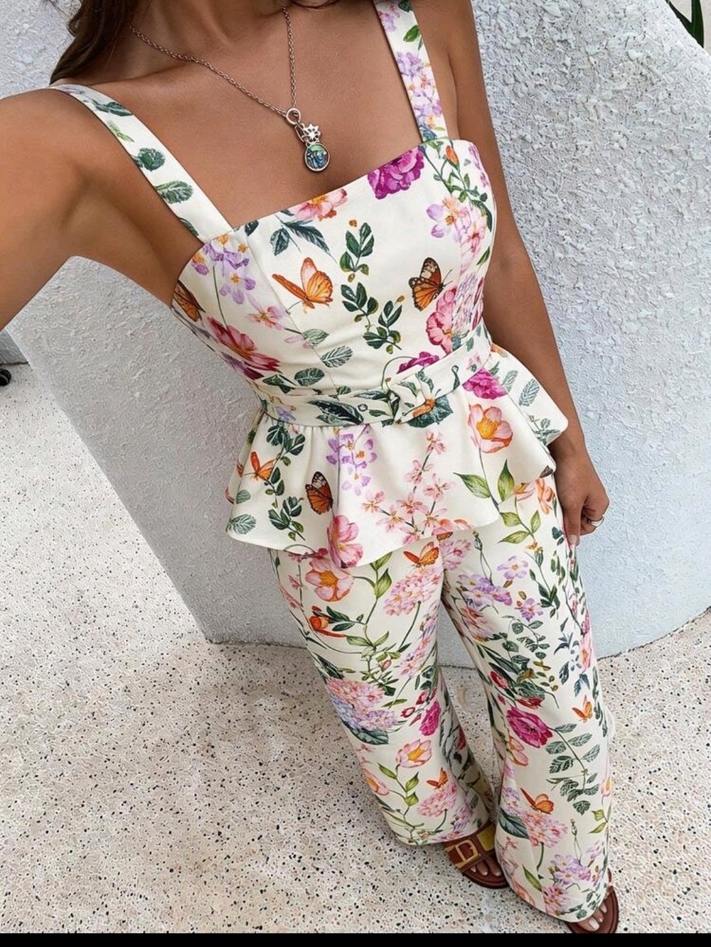 Floral Belted Peplum 2 Piece Suit in White